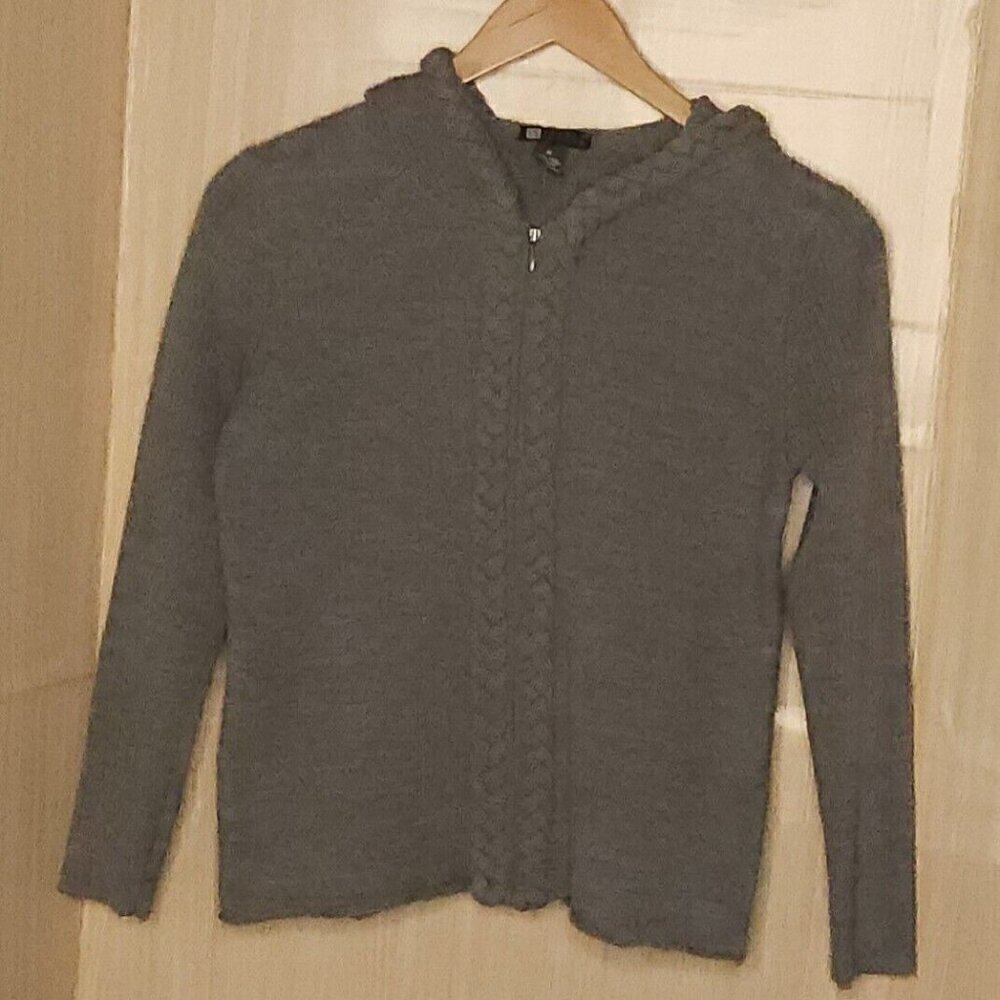 Carole Little Grey Wool Heavy Knit Hooded Full Zip Sweater Medium